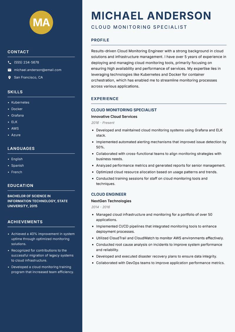 Cloud Monitoring Engineer resume template — Classic Clean