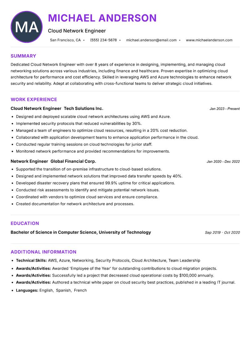 Cloud Network Engineer resume example — ATS-friendly template