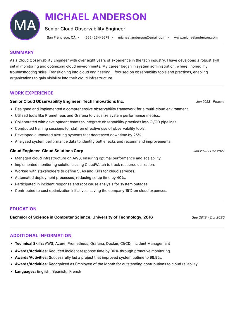 Cloud Observability Engineer resume example — ATS-friendly template