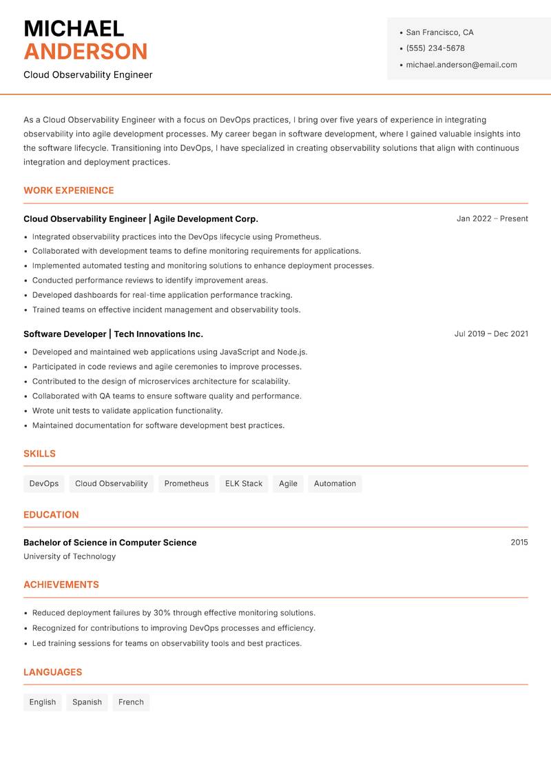 Cloud Observability Engineer resume template — Modern Professional