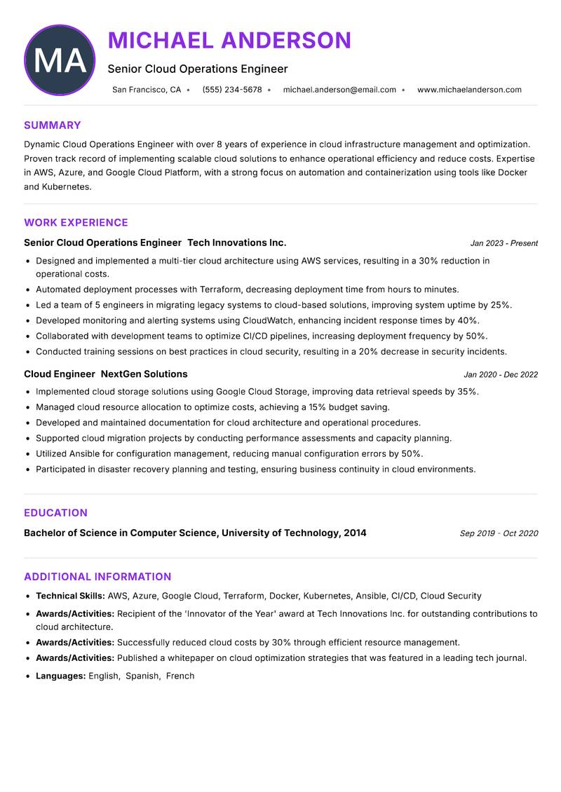 Cloud Operations Engineer resume example — ATS-friendly template