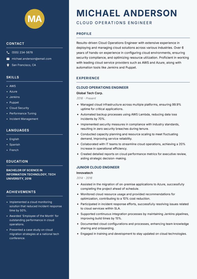Cloud Operations Engineer resume template — Classic Clean