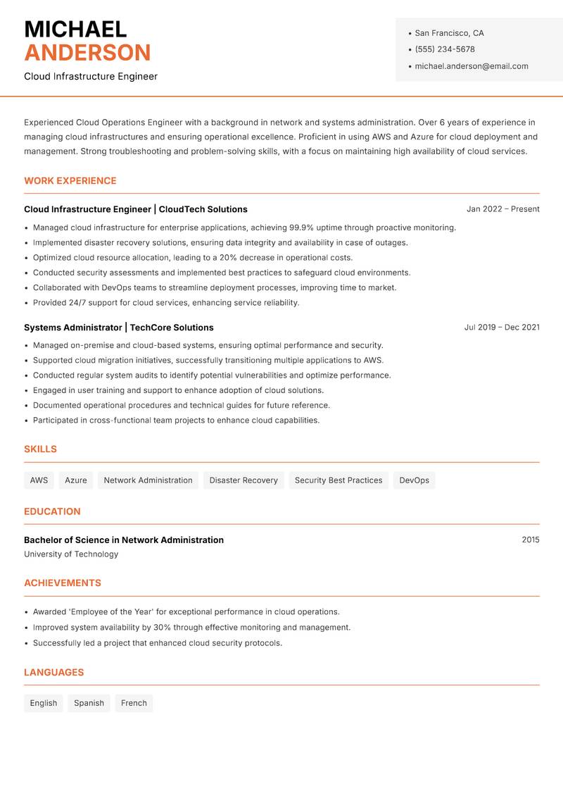 Cloud Operations Engineer resume template — Modern Professional