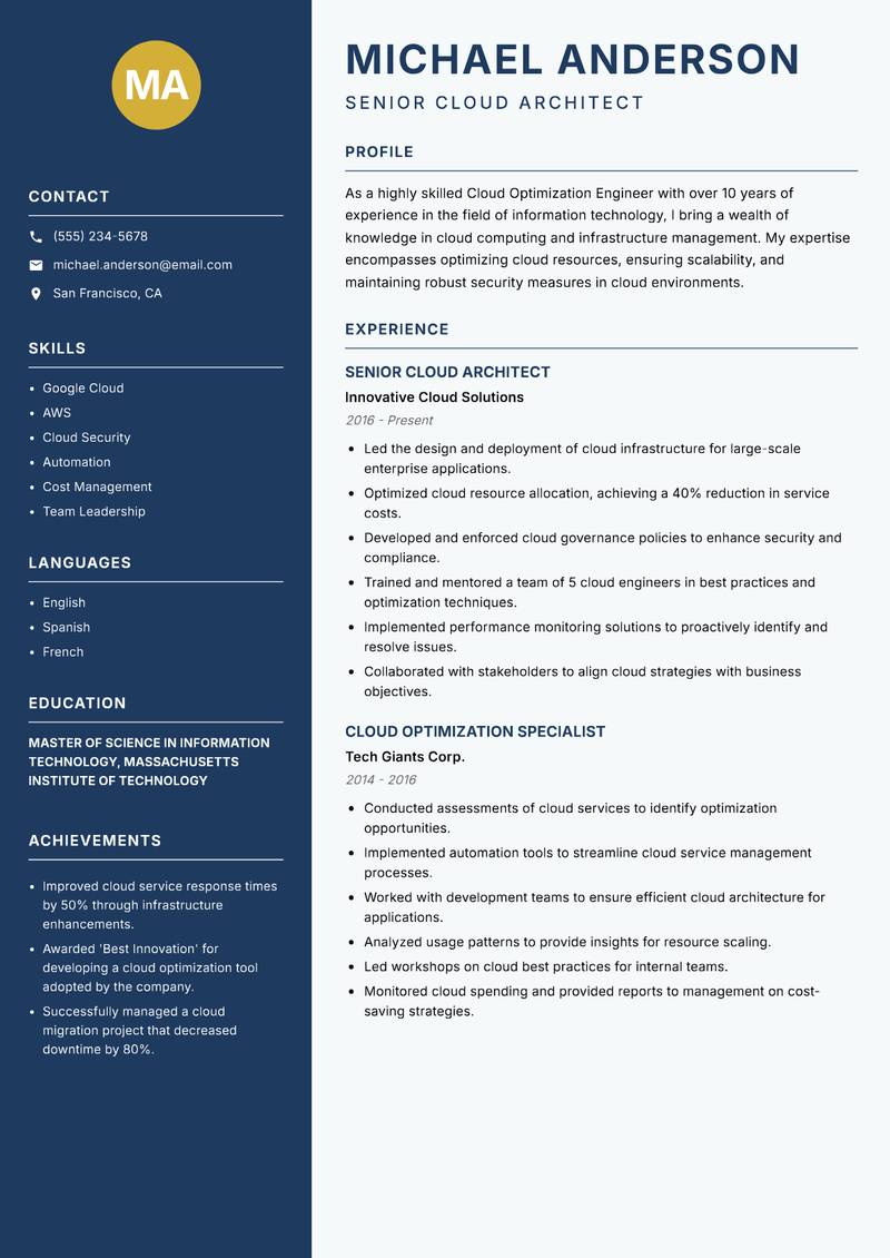 Cloud Optimization Engineer resume template — Classic Clean