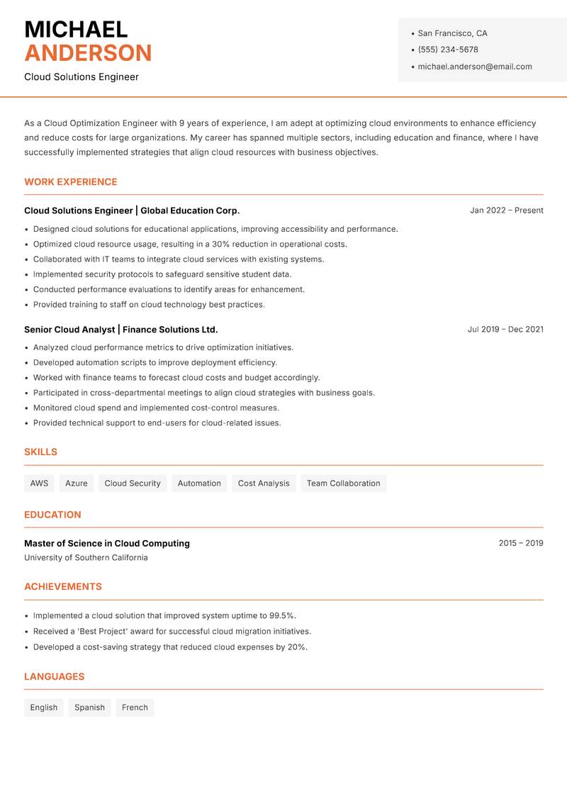 Cloud Optimization Engineer resume template — Modern Professional