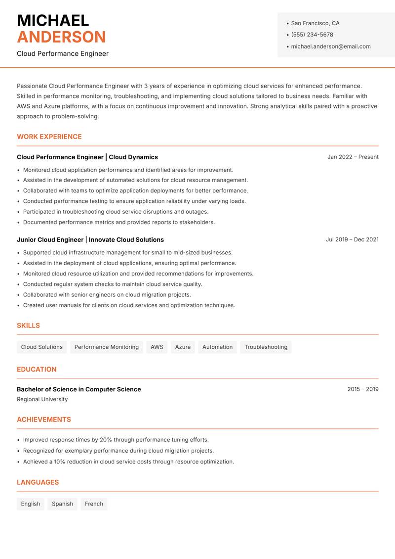 Cloud Performance Engineer resume template — Modern Professional