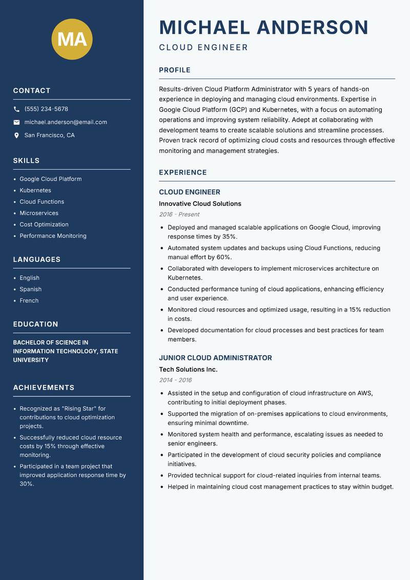Cloud Platform Administrator resume template — Classic Clean