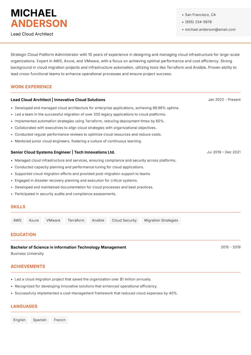 Cloud Platform Administrator resume template — Modern Professional