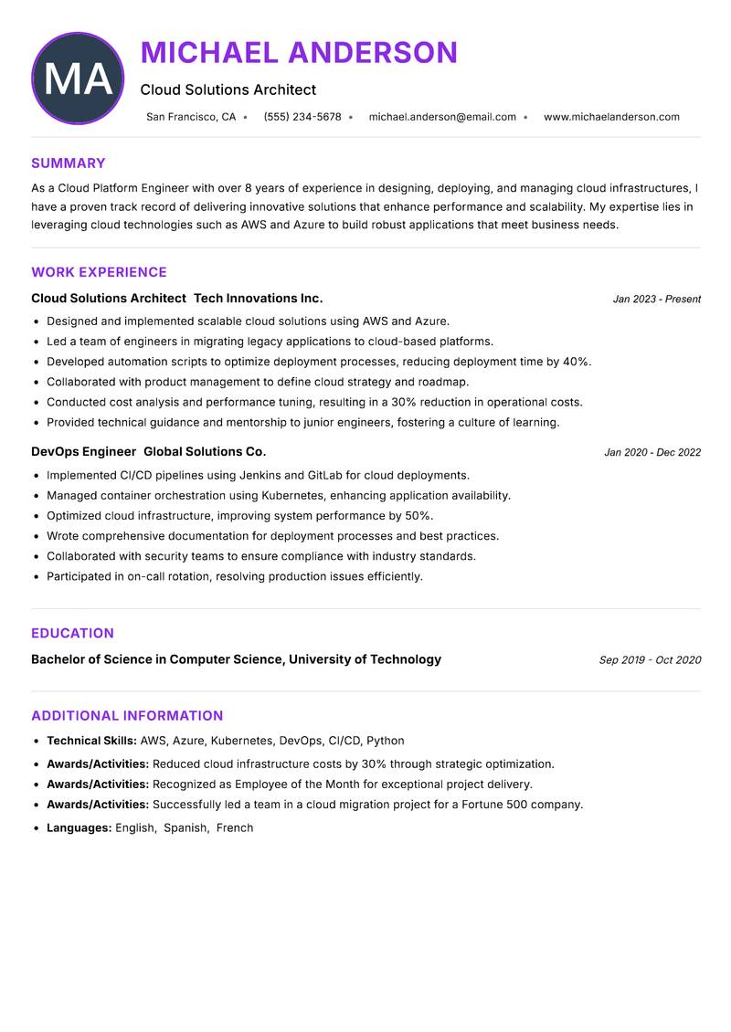Cloud Platform Engineer resume example — ATS-friendly template
