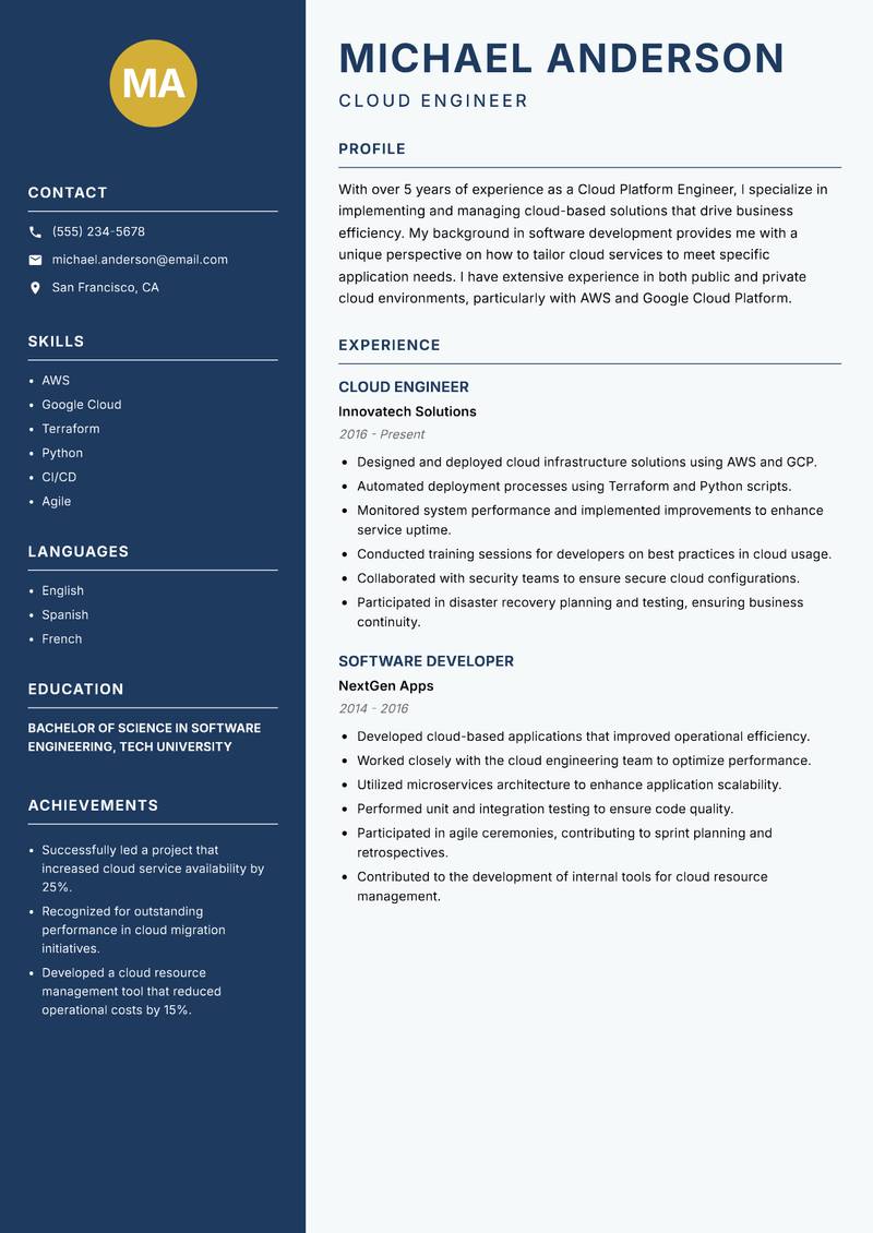 Cloud Platform Engineer resume template — Classic Clean