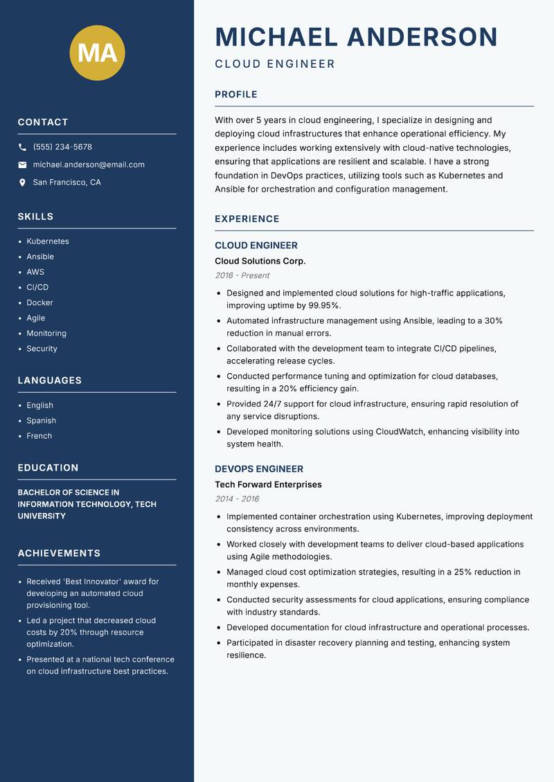 Cloud Product Engineer resume template — Classic Clean