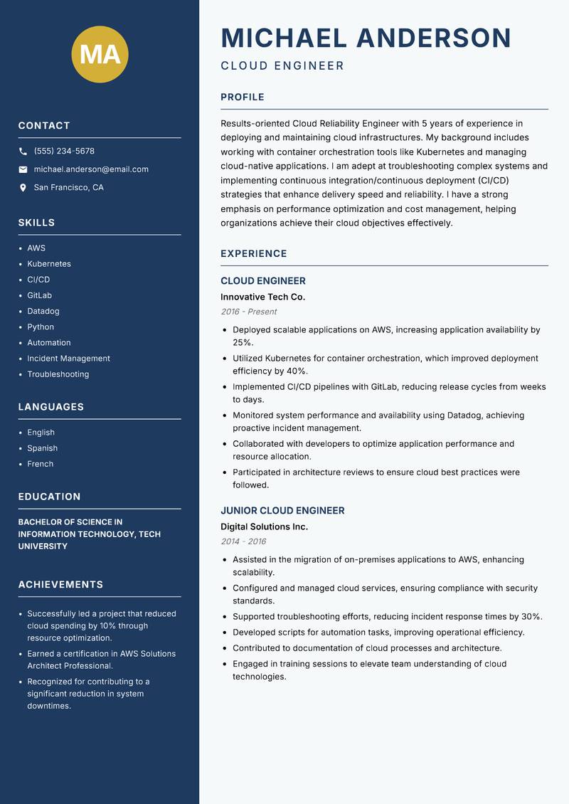 Cloud Reliability Engineer resume template — Classic Clean