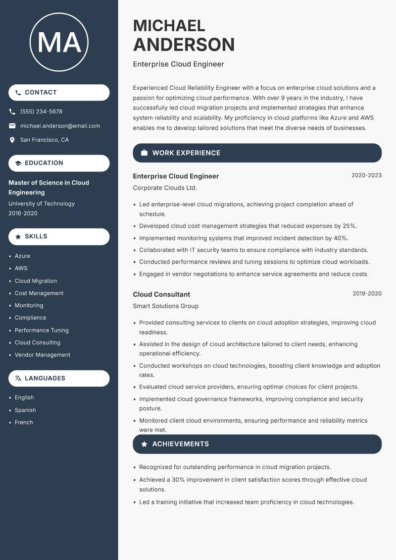 Cloud Reliability Engineer resume template — Compact