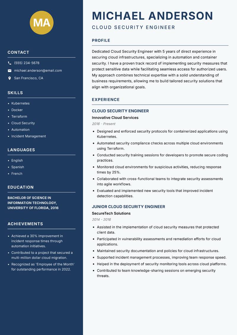 Cloud Security Engineer resume template — Classic Clean