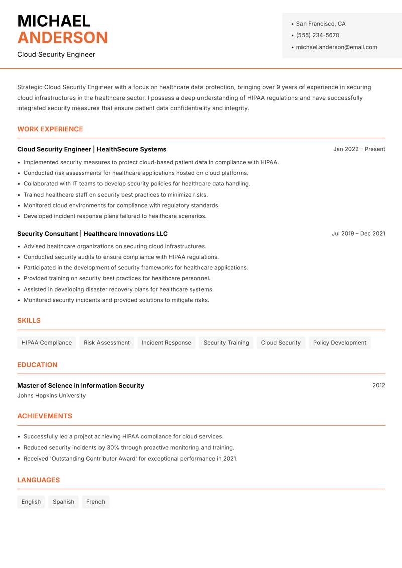 Cloud Security Engineer resume template — Modern Professional