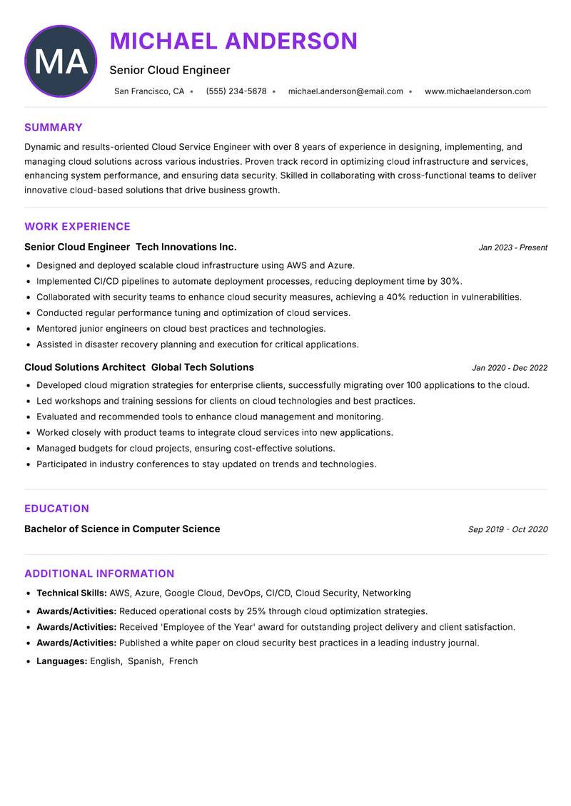 Cloud Service Engineer resume example — ATS-friendly template