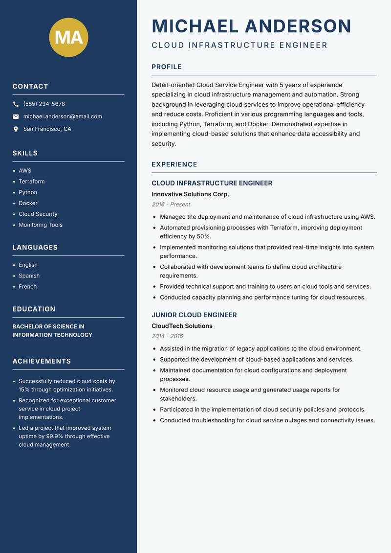 Cloud Service Engineer resume template — Classic Clean