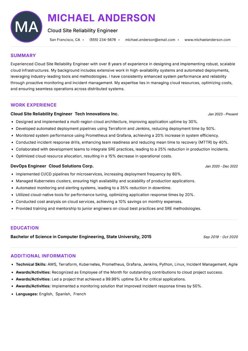 Cloud Site Reliability Engineer resume example — ATS-friendly template