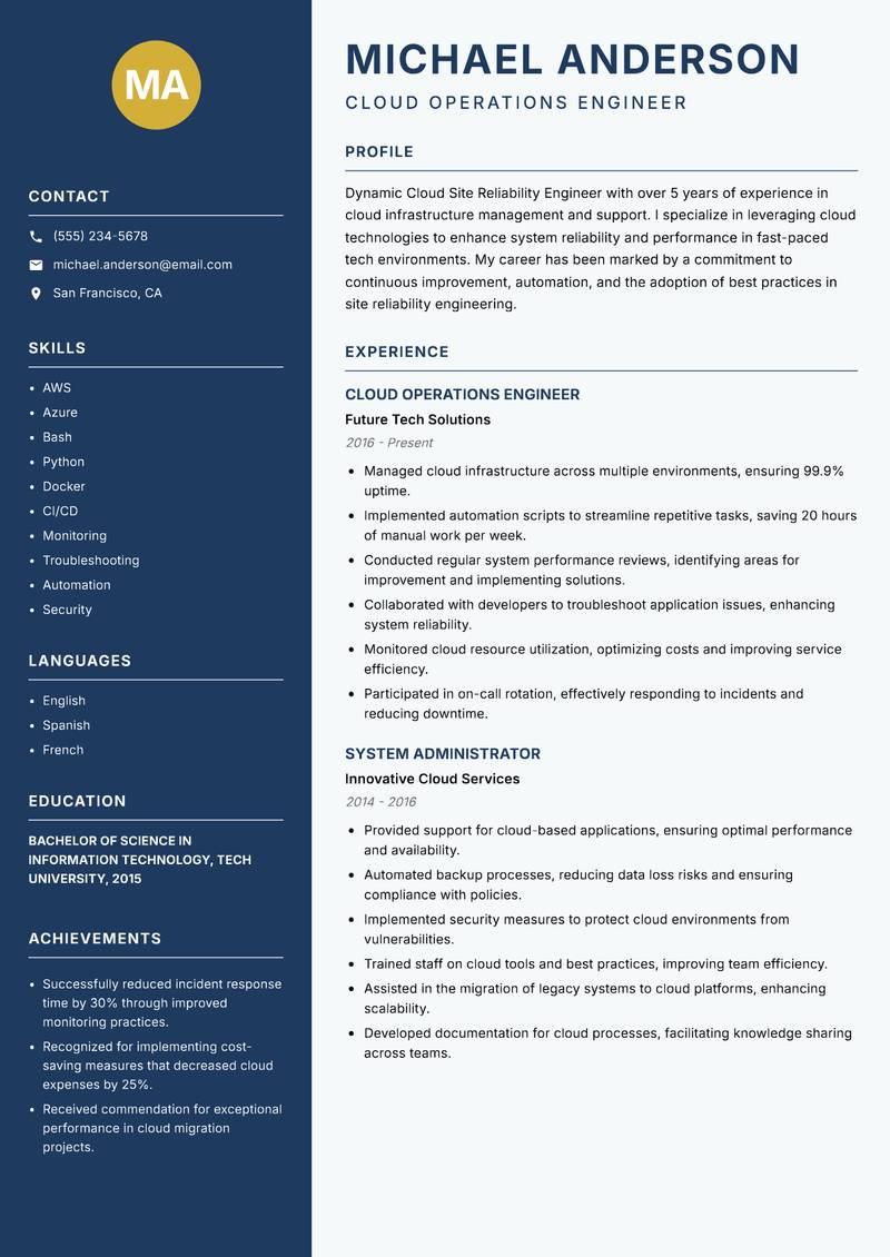 Cloud Site Reliability Engineer resume template — Classic Clean