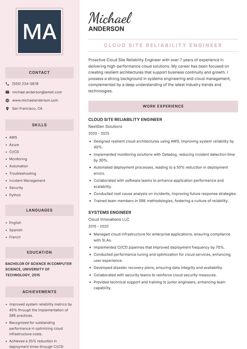 Cloud Site Reliability Engineer resume template — Executive