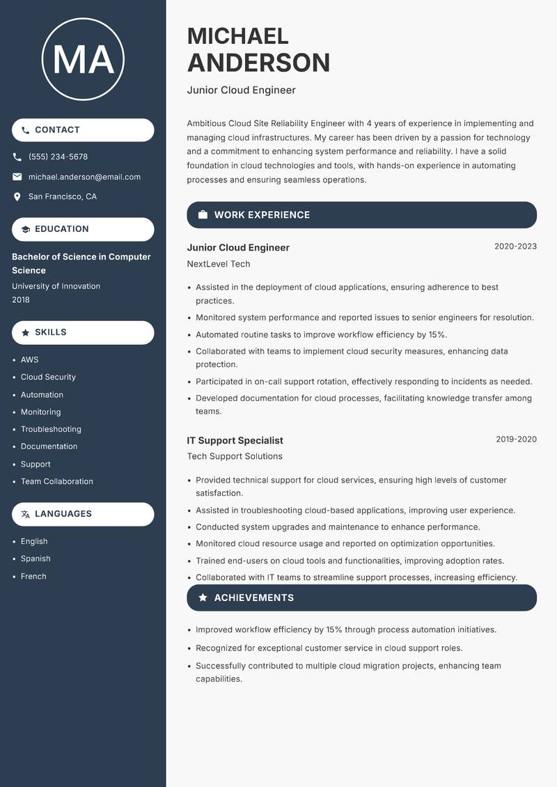 Cloud Site Reliability Engineer resume template — Compact