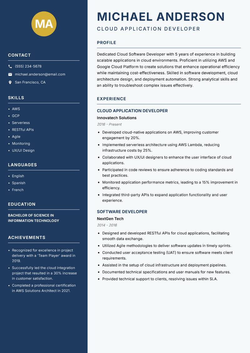 Cloud Software Developer resume template — Classic Clean