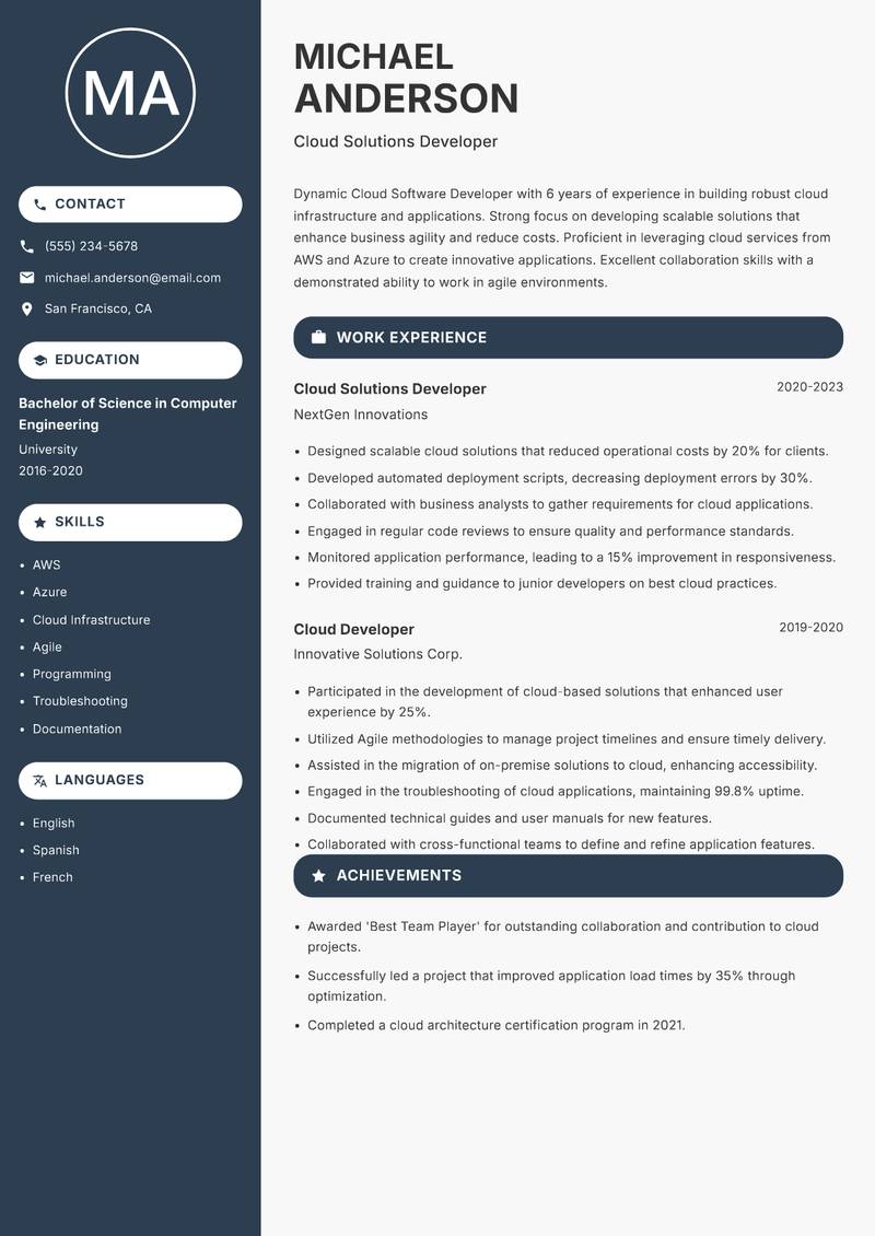 Cloud Software Developer resume template — Compact