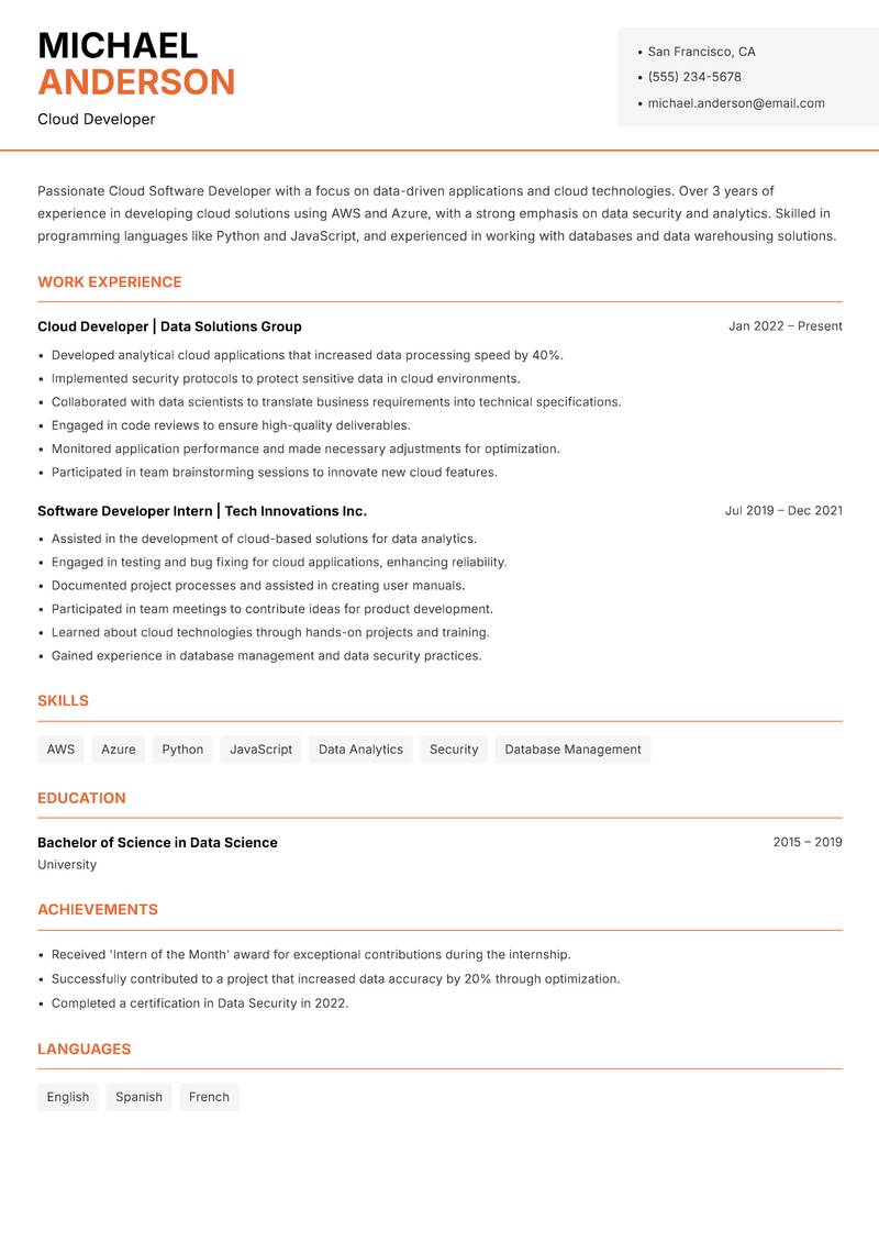 Cloud Software Developer resume template — Modern Professional