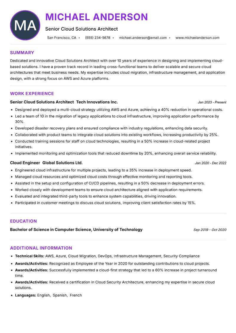 Cloud Solutions Architect resume example — ATS-friendly template