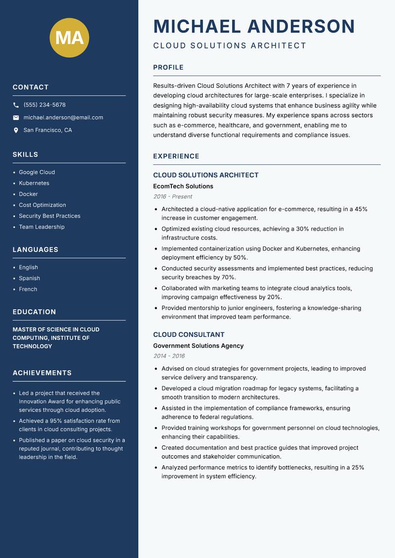Cloud Solutions Architect resume template — Classic Clean