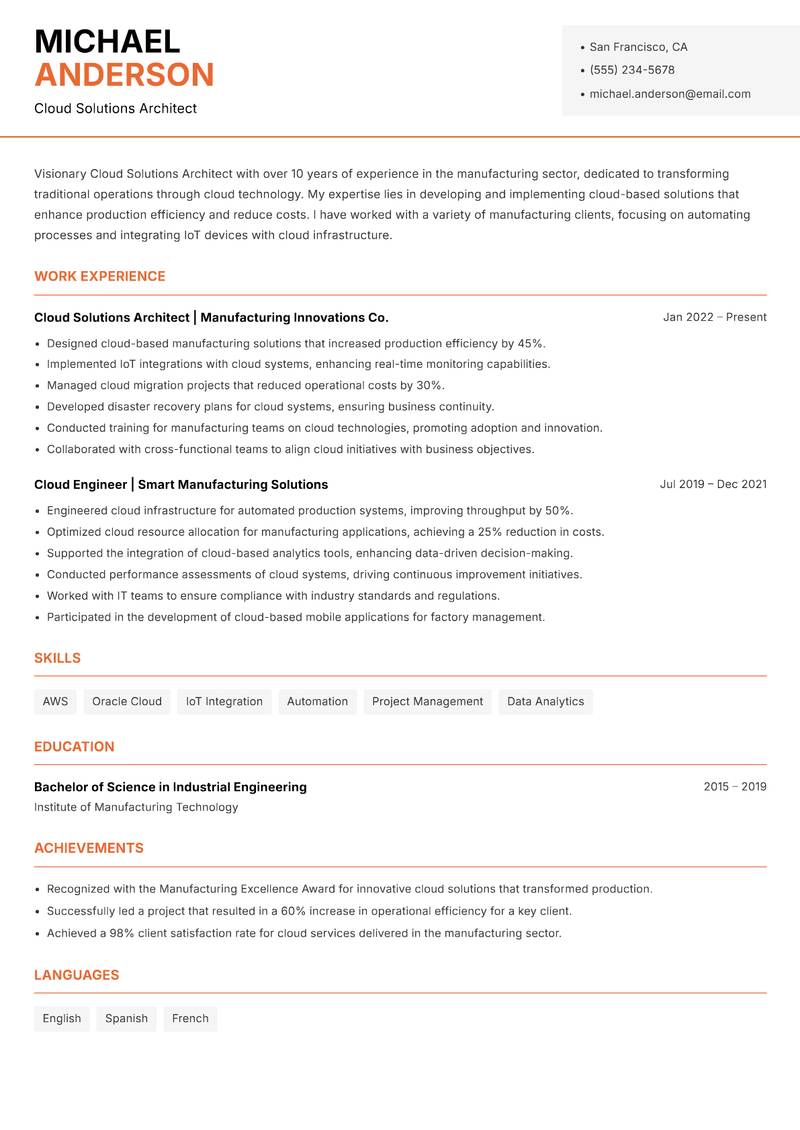 Cloud Solutions Architect resume template — Modern Professional