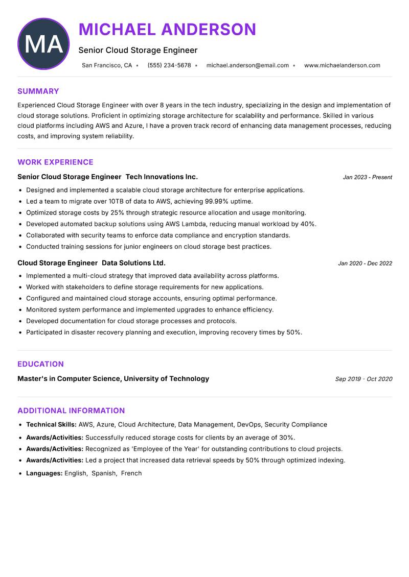 Cloud Storage Engineer resume example — ATS-friendly template