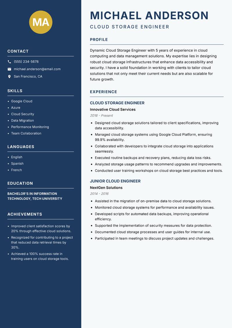 Cloud Storage Engineer resume template — Classic Clean