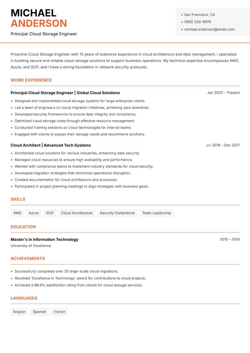 Cloud Storage Engineer resume template — Modern Professional