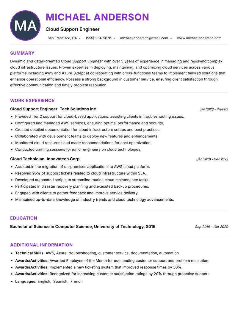 Cloud Support Engineer resume example — ATS-friendly template