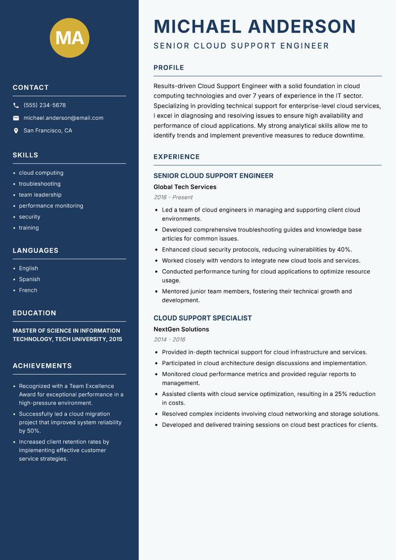 Cloud Support Engineer resume template — Classic Clean