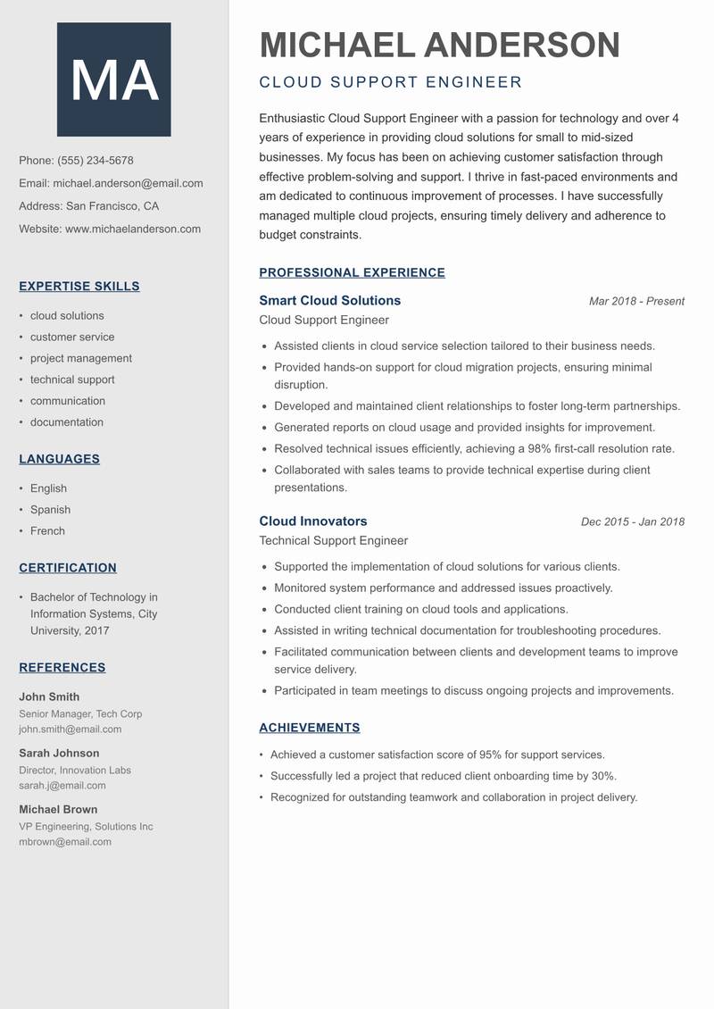 Cloud Support Engineer resume template — Creative Minimal