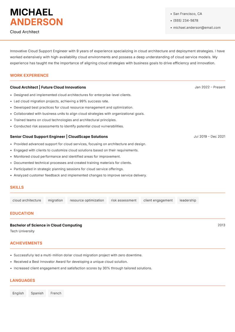 Cloud Support Engineer resume template — Modern Professional