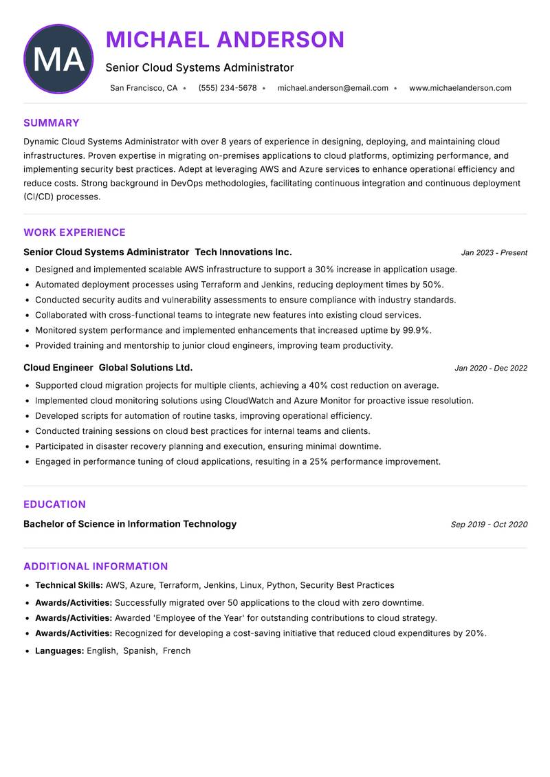 Cloud Systems Administrator resume example — ATS-friendly template