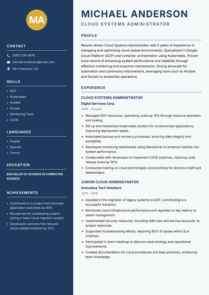 Cloud Systems Administrator resume template — Classic Clean