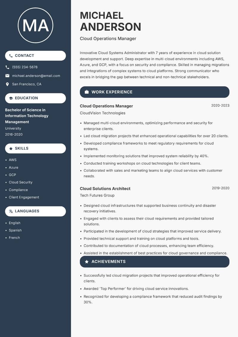 Cloud Systems Administrator resume template — Compact