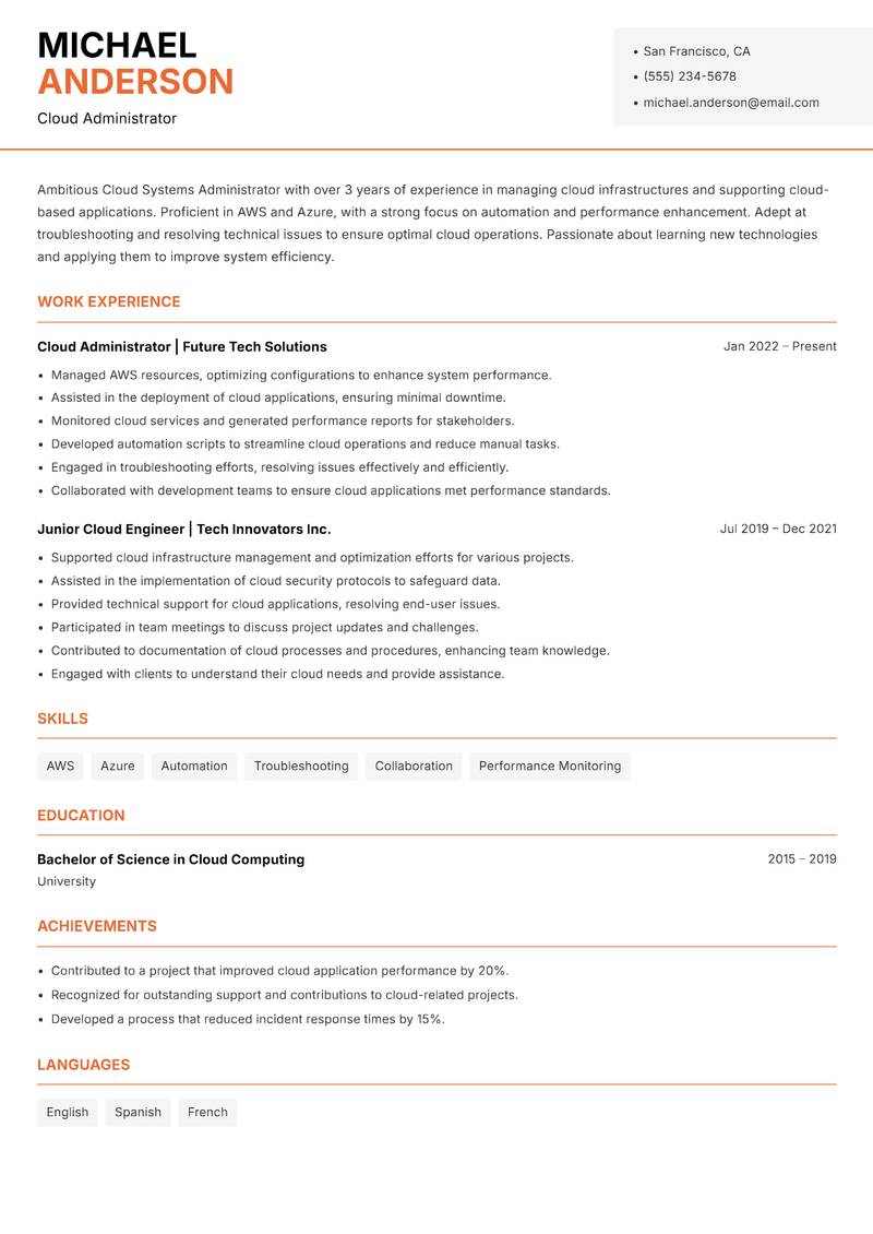 Cloud Systems Administrator resume template — Modern Professional