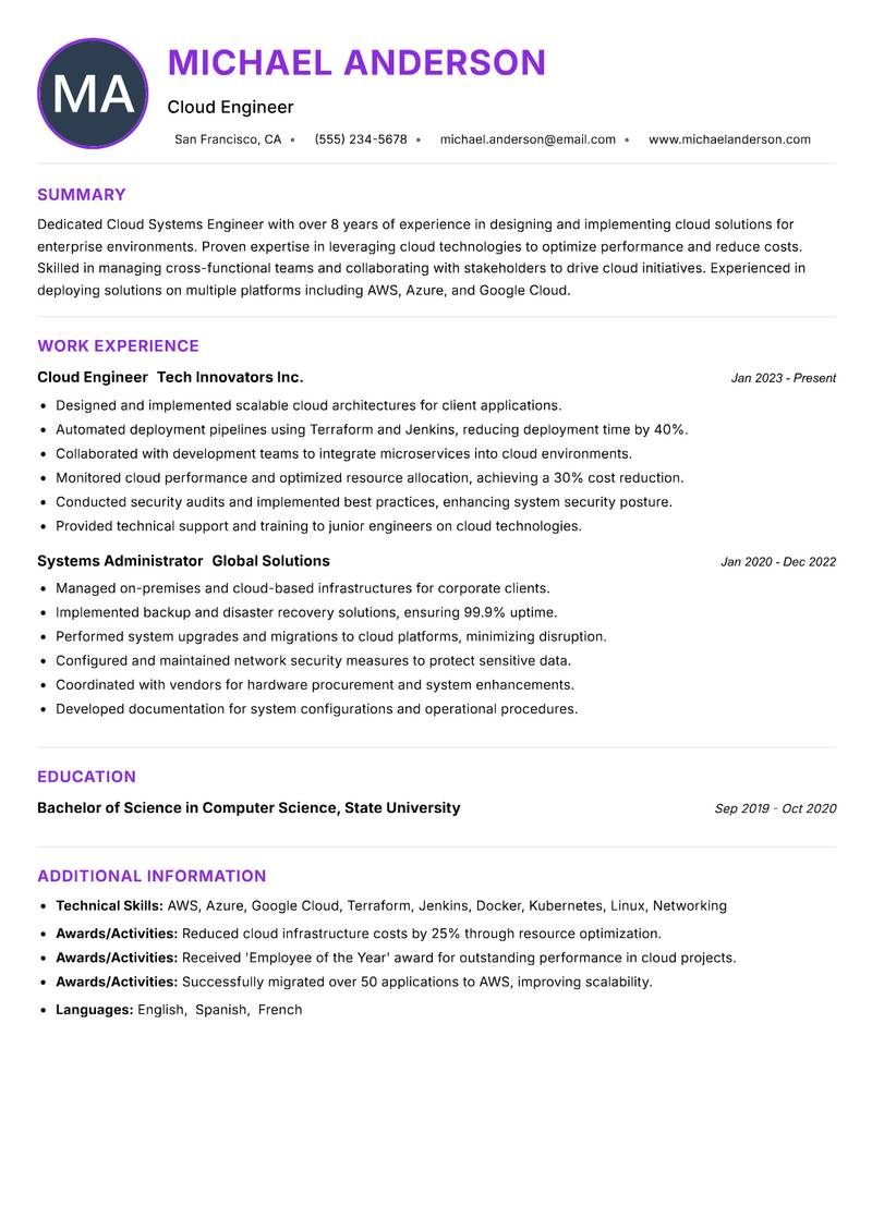 Cloud Systems Engineer resume example — ATS-friendly template