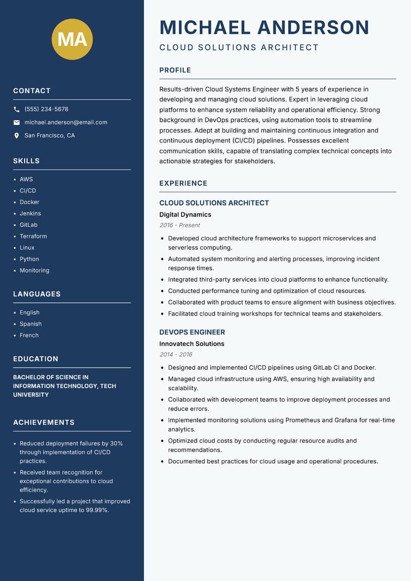 Cloud Systems Engineer resume template — Classic Clean