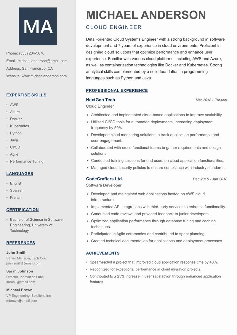 Cloud Systems Engineer resume template — Creative Minimal
