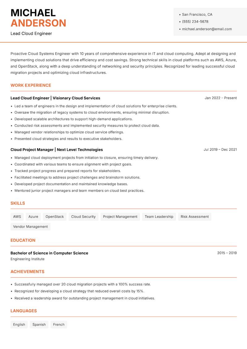 Cloud Systems Engineer resume template — Modern Professional