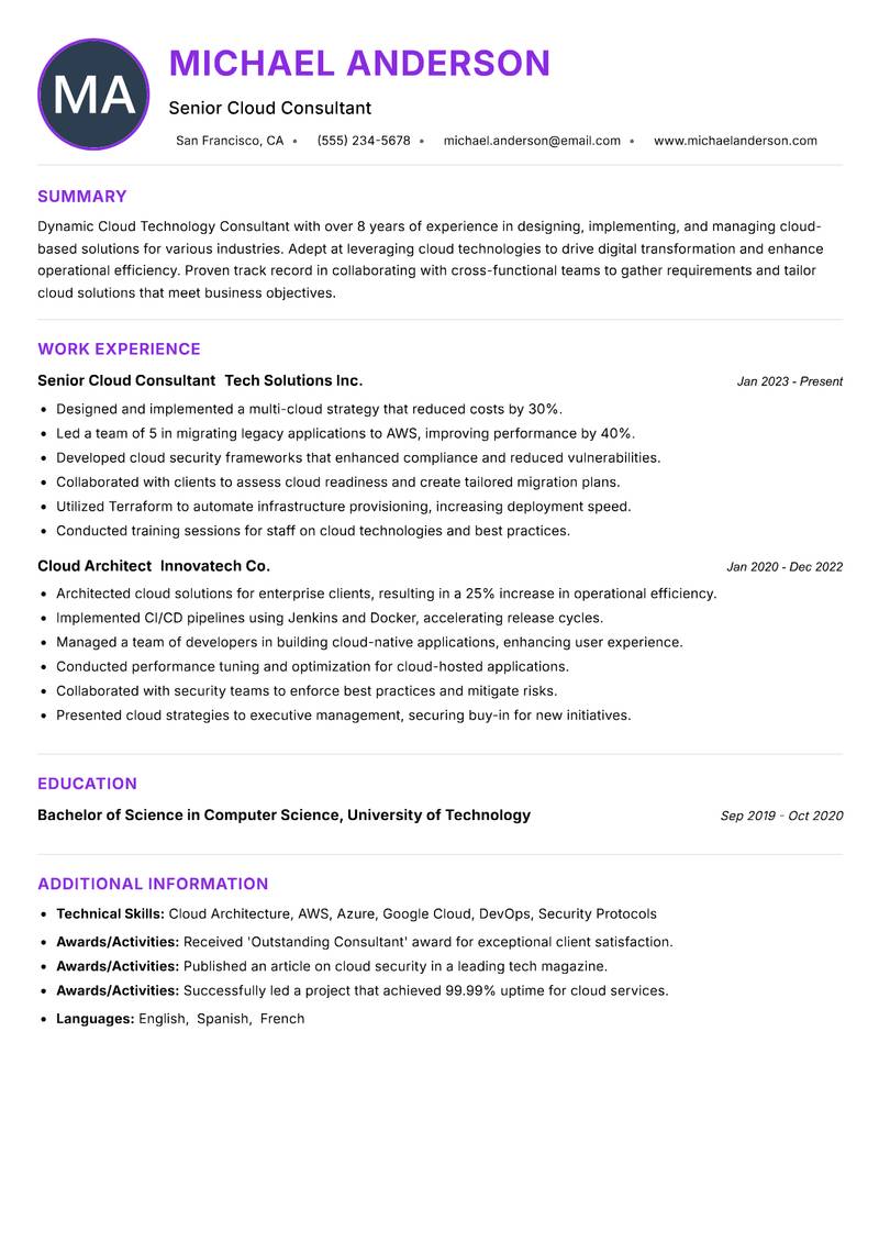 Cloud Technology Consultant resume example — ATS-friendly template