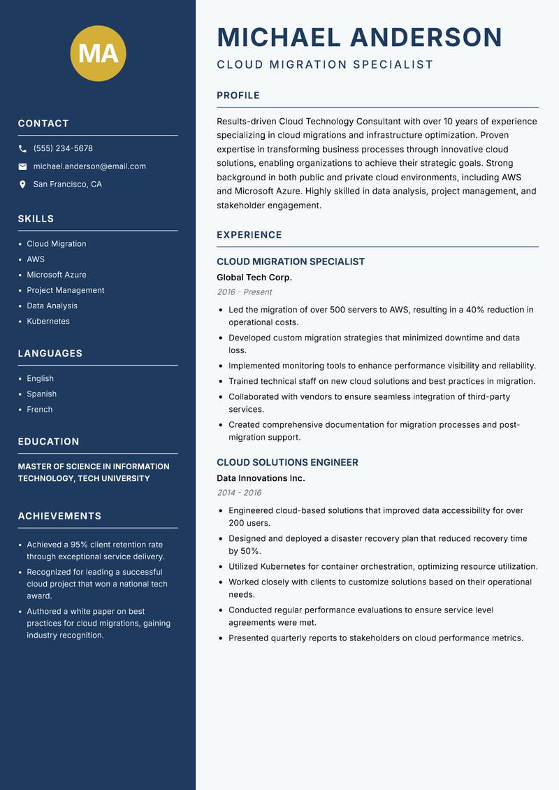 Cloud Technology Consultant resume template — Classic Clean