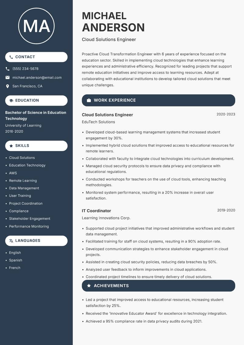 Cloud Transformation Engineer resume template — Compact