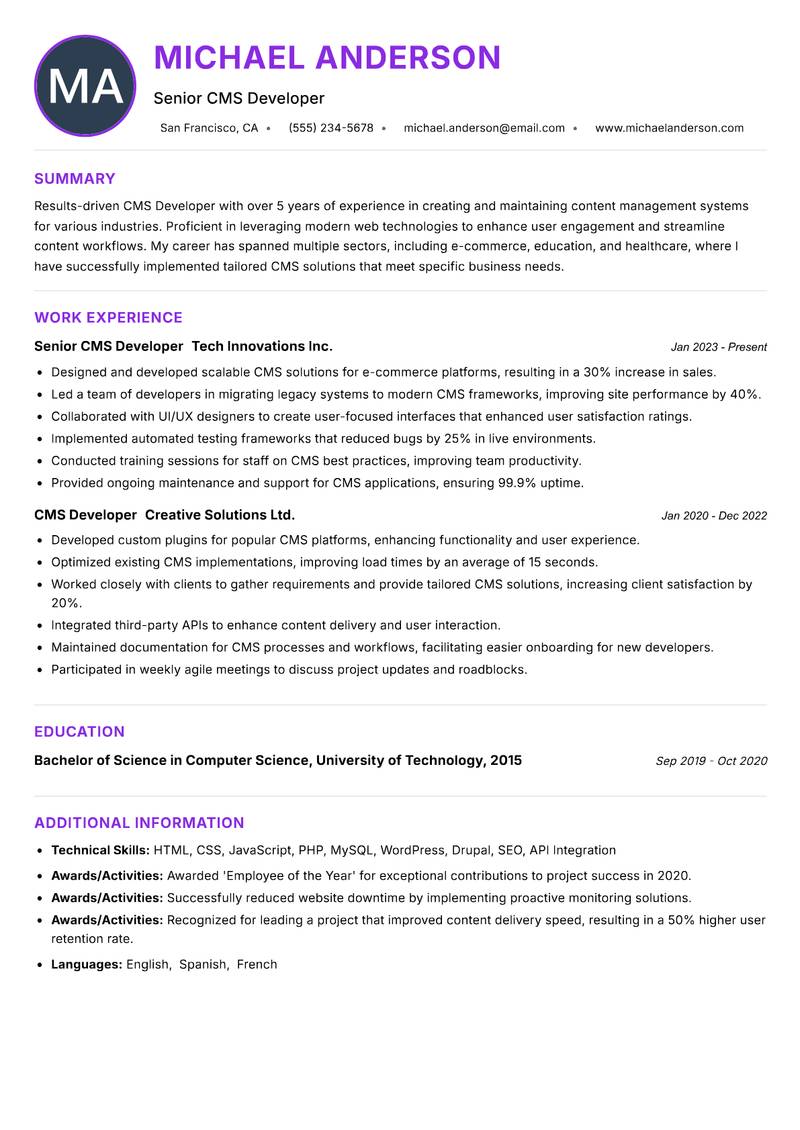 CMS Developer resume example — ATS-friendly template